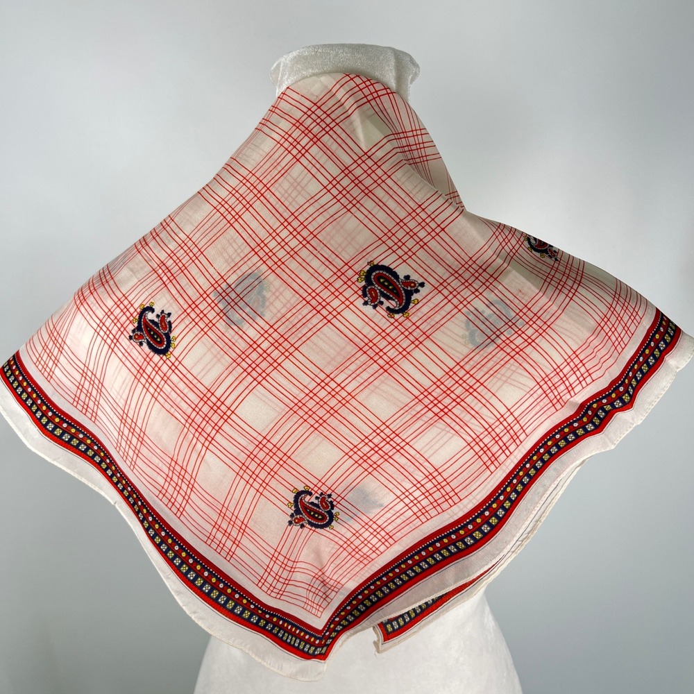 Vintage Red White‎ Grid Paisley Square Neck Scarf Geometric Border Bandana